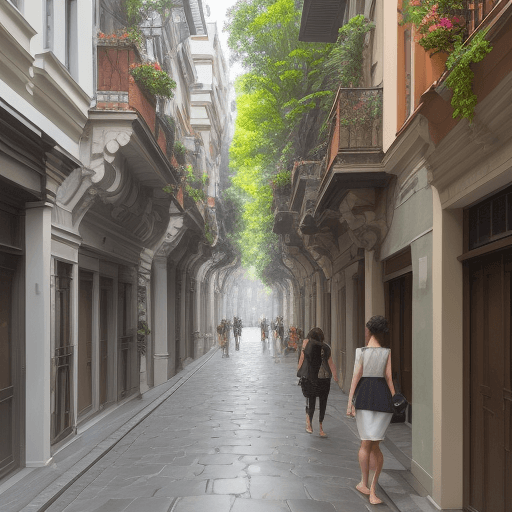 AI generated:  urban space, houses only on columns, street level is only columns, a lot of nature, plants and big ...