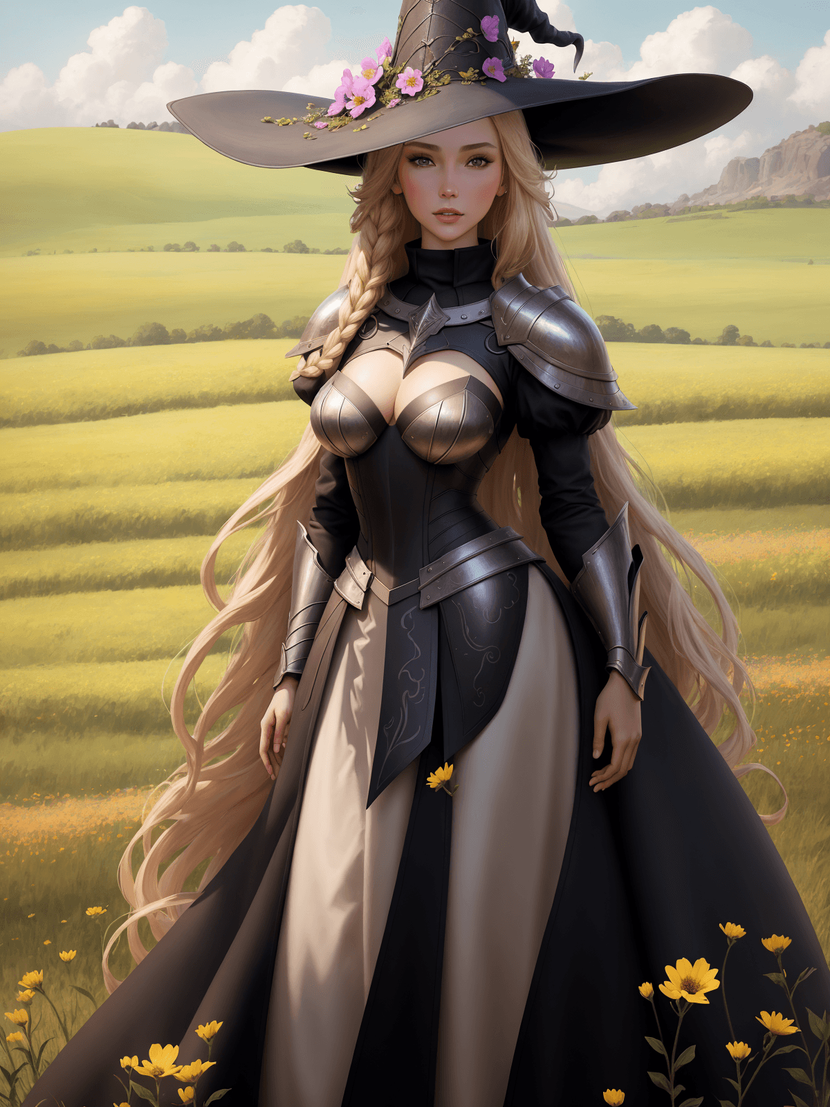 AI generated: hyperrealistic portrait of gorgeous witch | standing in field full of flowers | detailed gorgeous fa...