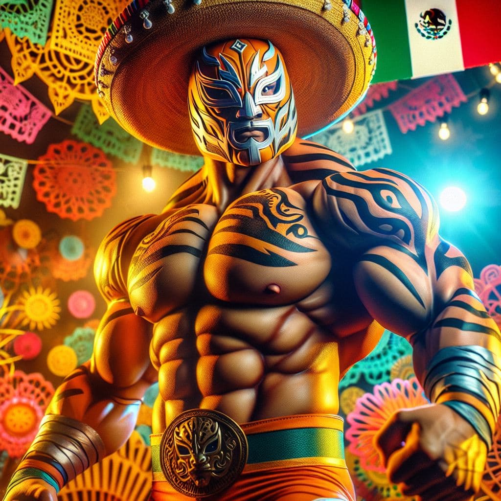 AI generated: Capture El Tigre Braum in a hyper-realistic photograph set amidst a vibrant and colorful Mexican-ins...