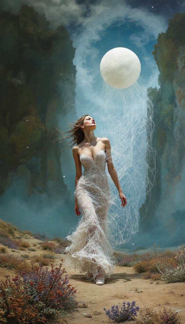 AI generated: 18. A surreal, full-body depiction of a woman walking through a landscape where the very fabric of r...