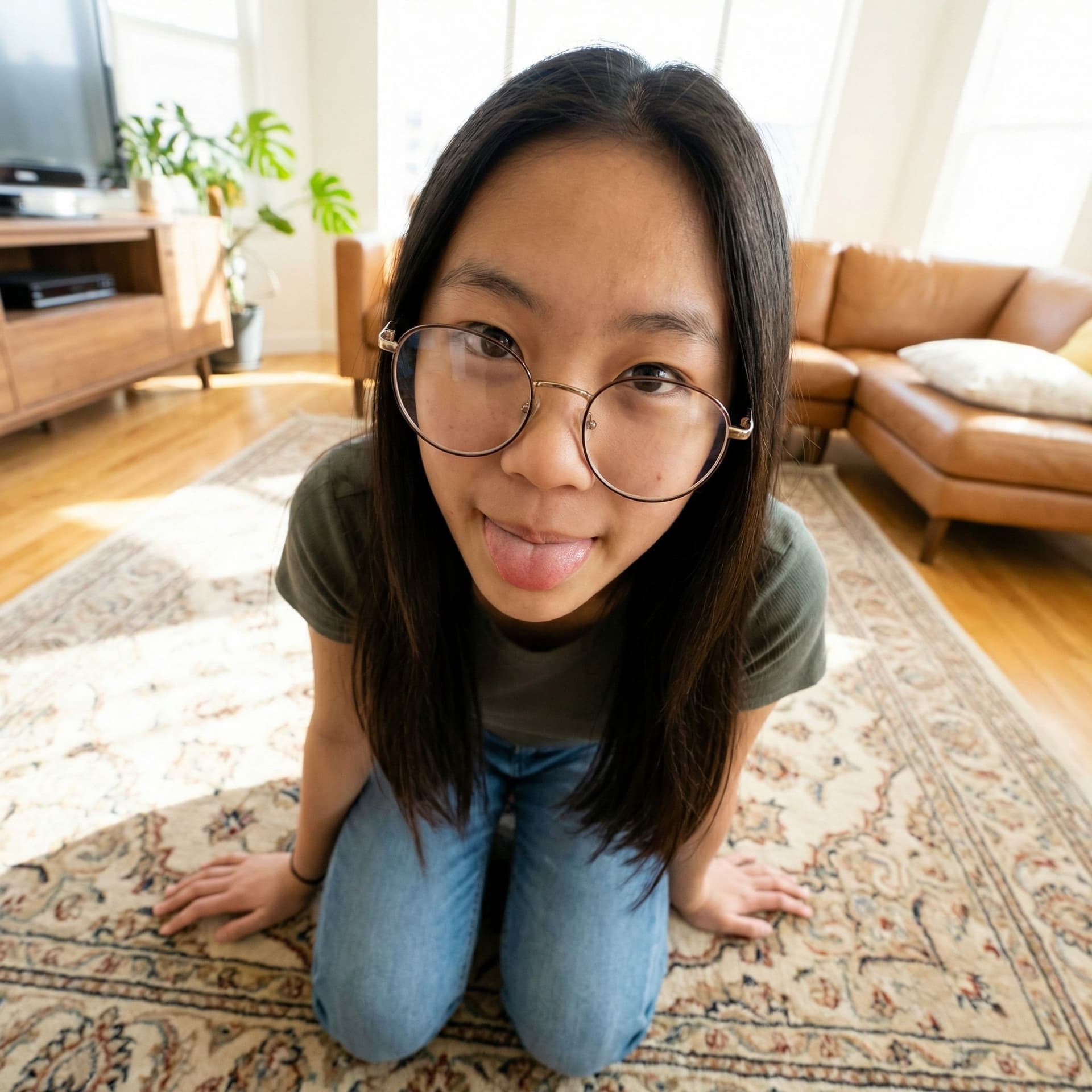 AI generated: Asian girl, very young teen, large glasses on the tip of her nose, on her knees, looks up at the cam...