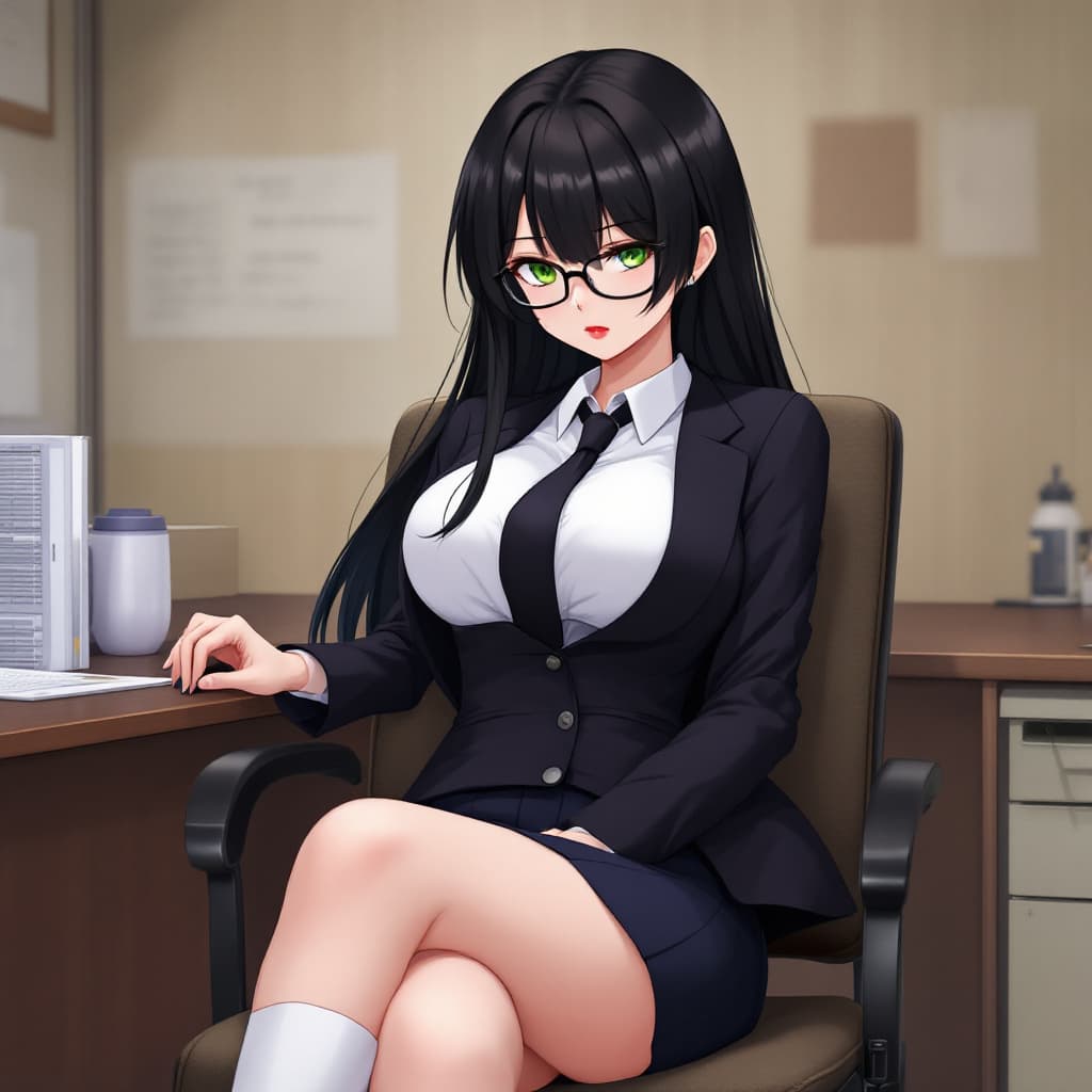 AI generated: anime, woman, black hair, long hair, green eyes, black glasses, red lips, white shirt, black tie, bl...