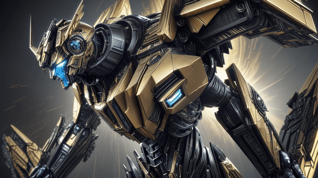 AI generated: Transformers, Intricate Detail, Metal texture, Black and gold Mecha, Dynamic Pose, Blue eyeballs, Bl...