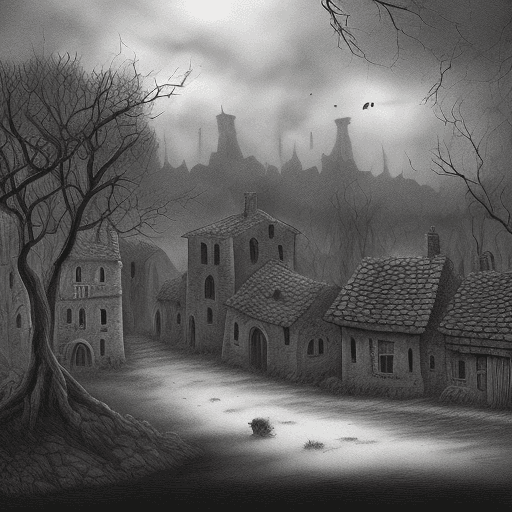 AI generated: A dark ruined gloomy village in the shadow fell