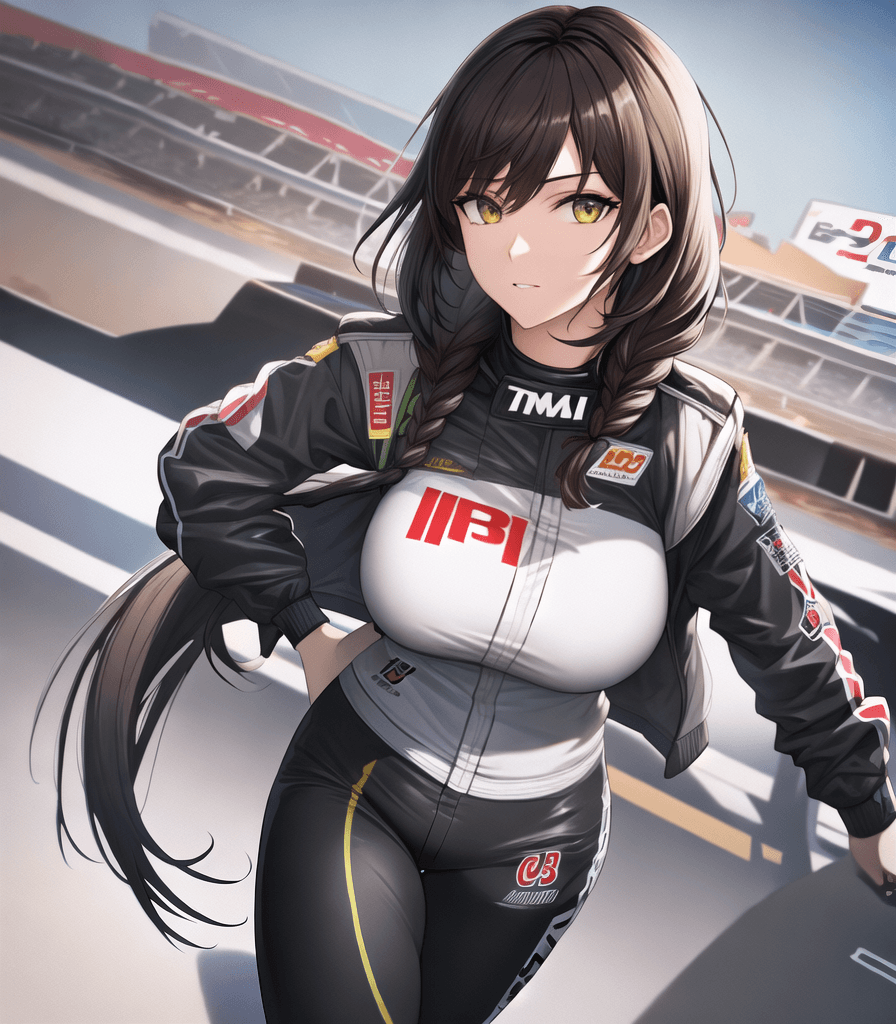AI generated: perfect anime illustration, 1girl, braided hair, medium hair, huge breasts, sidehair, racecar driver...