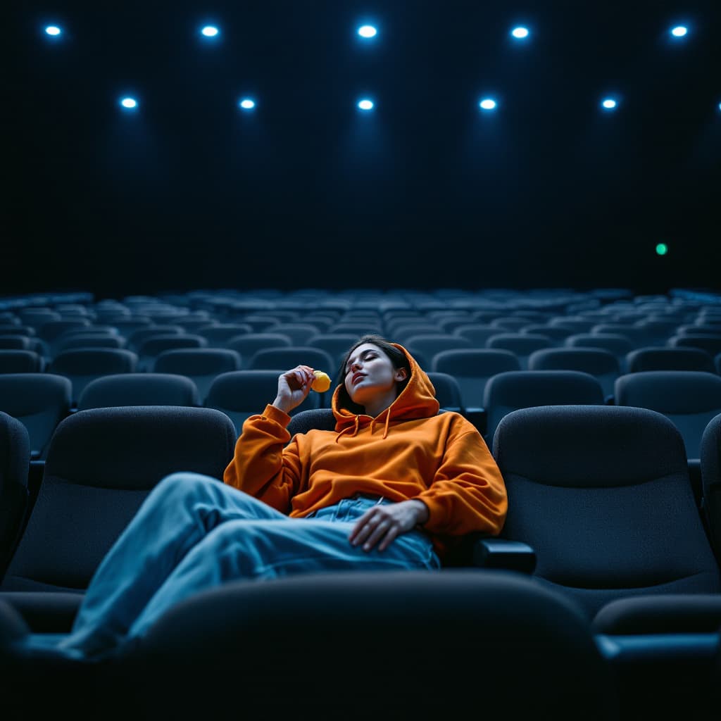 AI generated: photography, vast emptiness of a movie theater serves as the backdrop for a moment of carefree repos...