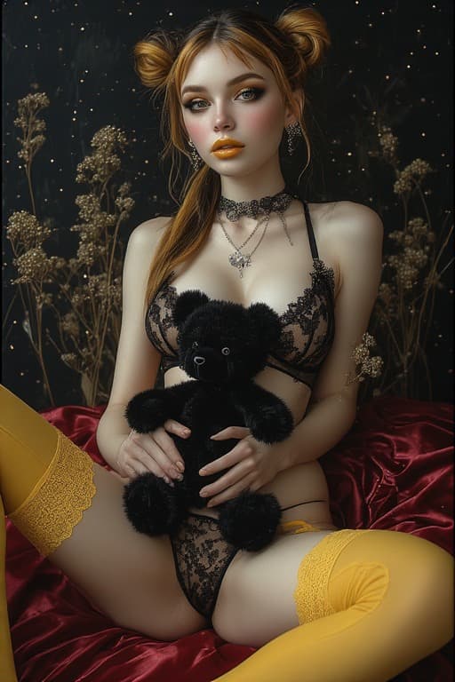 AI generated: A stunning, ethereal portrait of a young woman with golden-brown hair styled in twin buns, sitting g...