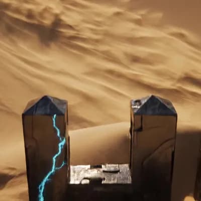 AI generated video: Prompt: Cinematic macro shot of a desert sand dune. A strong gust of wind blows away the top layer o...
