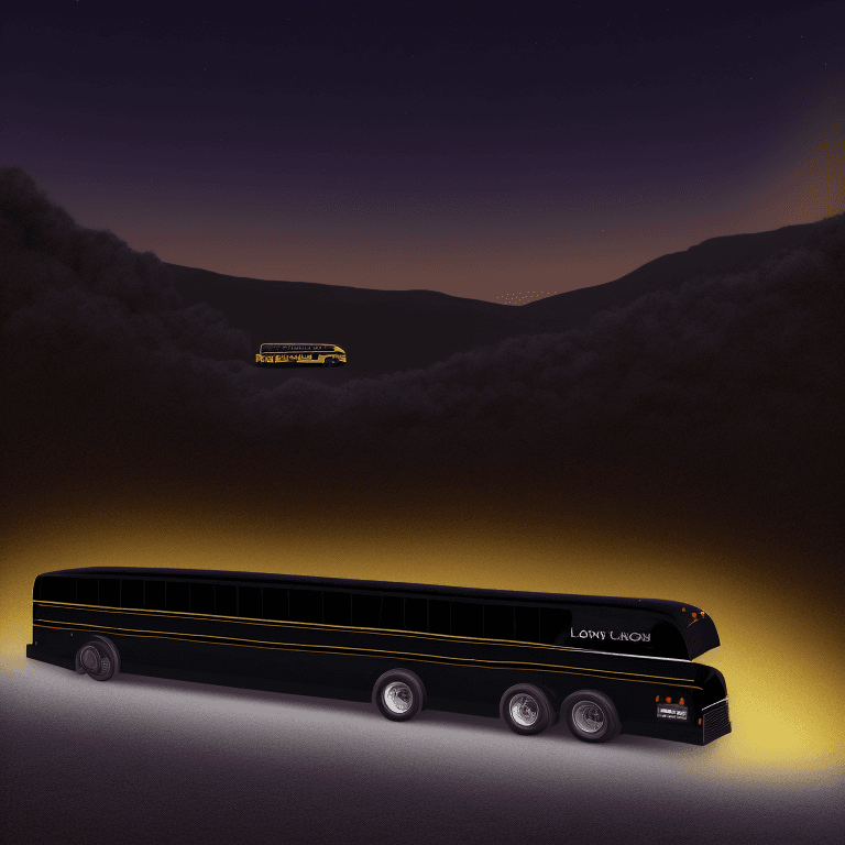 AI generated: big glossy black school bus on a hill, glowing lights, in the middle of the night, very detailed <lo...