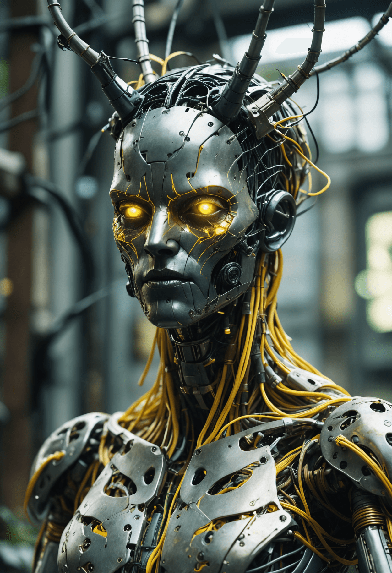 AI generated: a robot with a weird face and yellow eyes is surrounded by wires and wires in a circle of wires,cybe...
