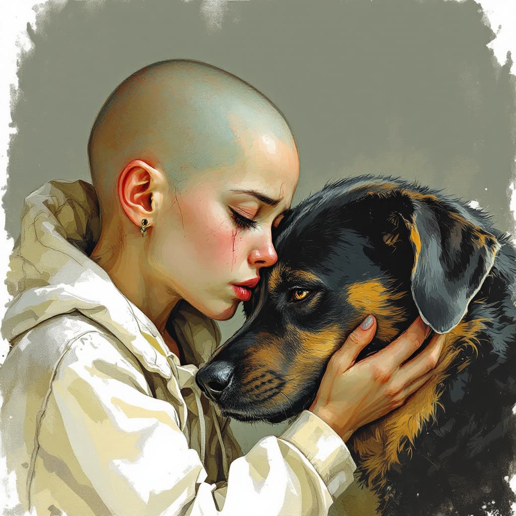 AI generated: A heartwarming scene of a sad teary eyed bald young woman   and a dog sharing a moment of companions...