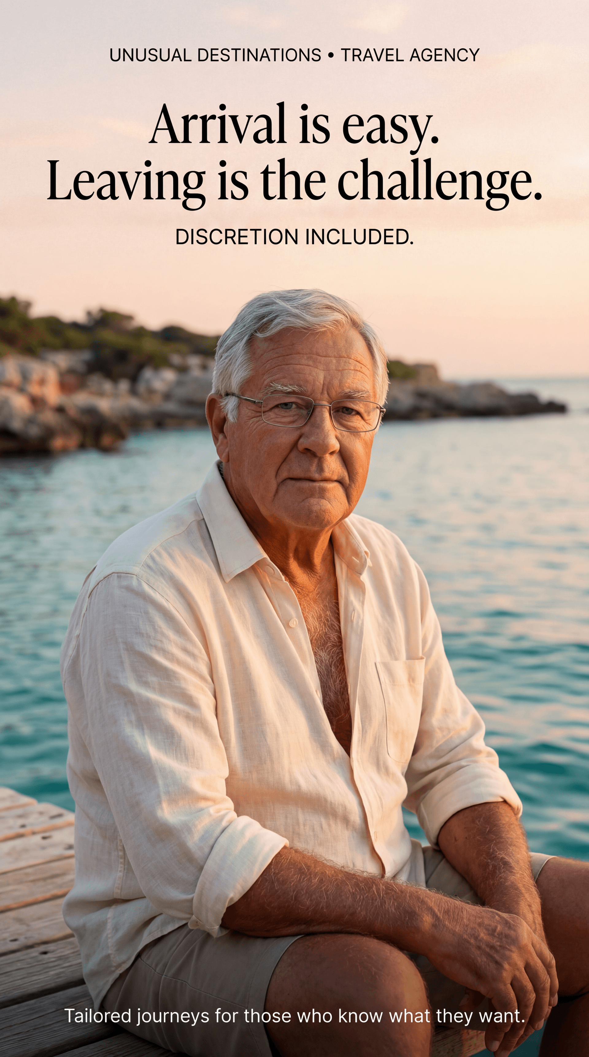 AI generated: ULTRA-REALISTIC PREMIUM TRAVEL AGENCY AD (vertical poster, 9:16).
High-end editorial lifestyle photo...