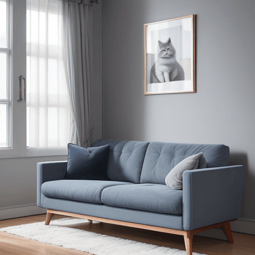 AI generated: Photograph a contemporary living room, soft light of dusk, integration wood flooring, soothing grey ...