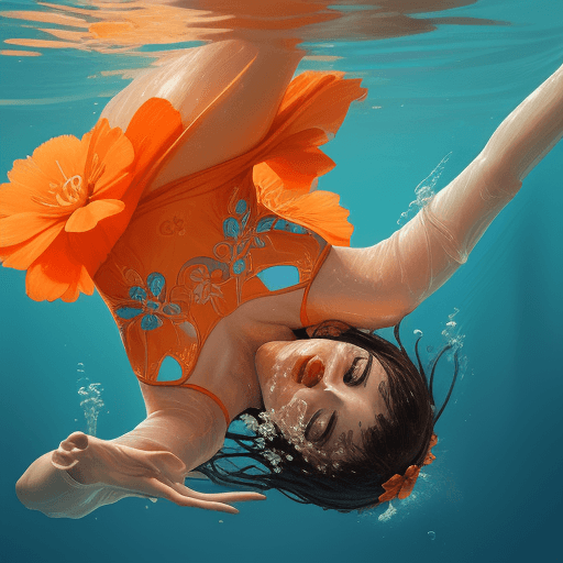 AI generated: woman, Diving in the Water flooded her face, close-up, in the style of graceful movement, orange and...