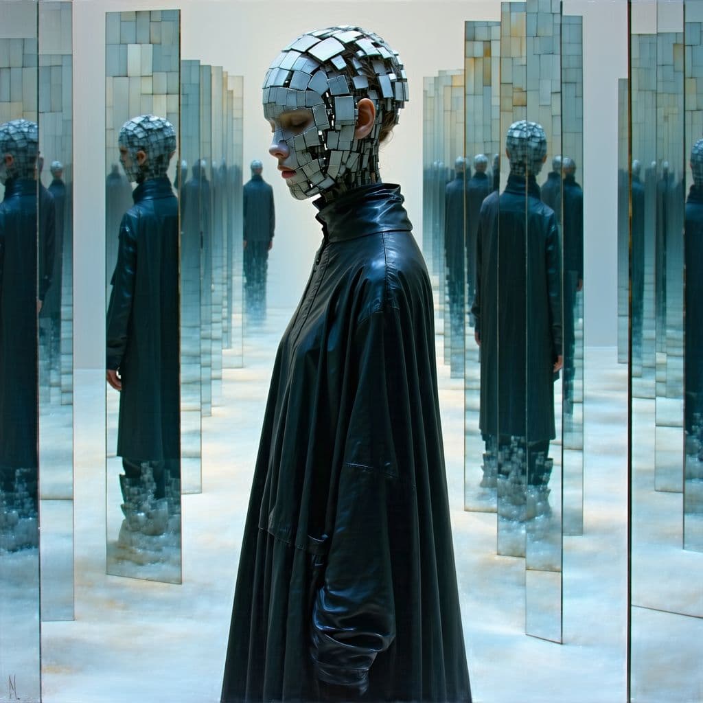 AI generated: A solitary reflection walker, with her face hidden behind a shifting mask of countless fragments of ...