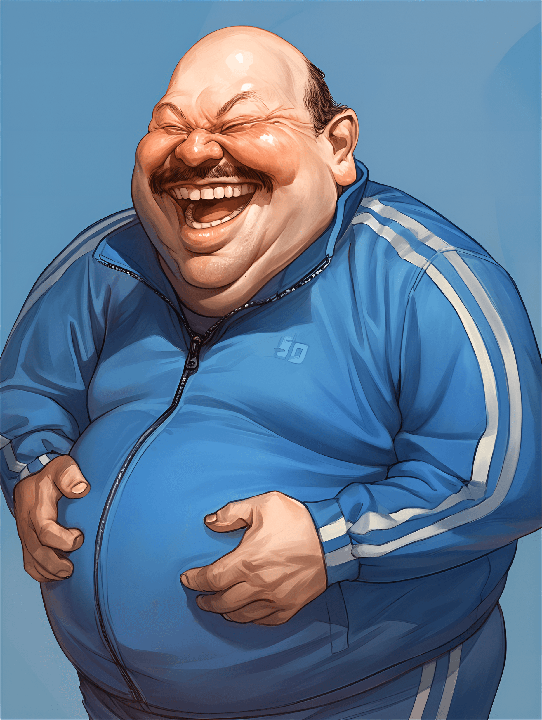 AI generated: funny caricature, laughing big man caricature, middle-aged caucasian male, 50 years old, balding, bl...