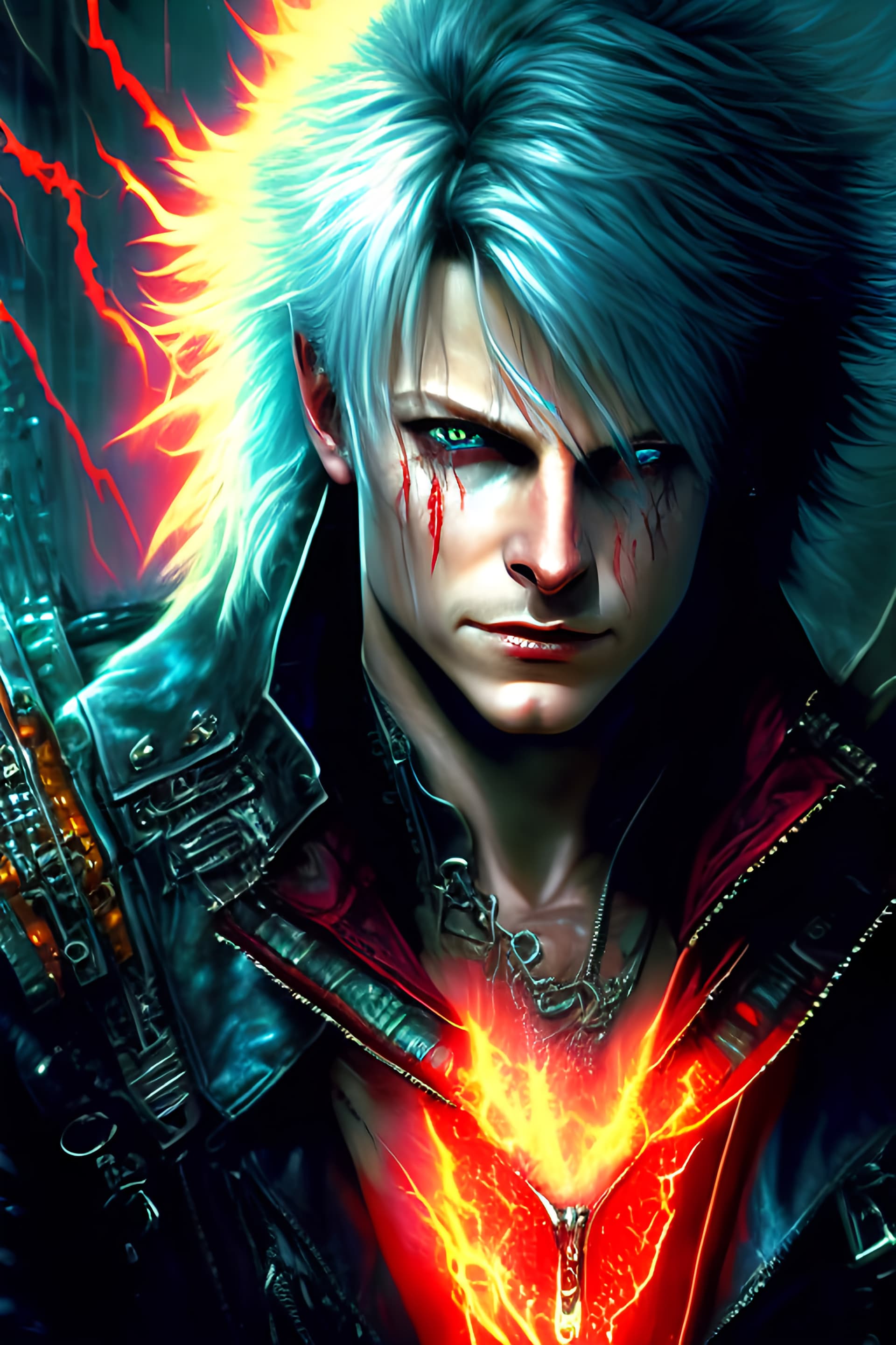 AI generated: Portrait of a futuristic fantasy cyberpunk michael j fox as a devil may cry style character, blue re...