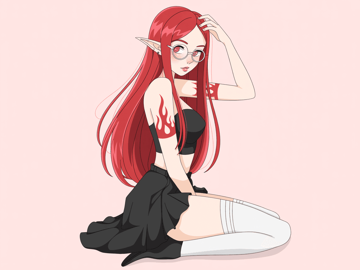 AI generated: Anime, elf, high quality, red long hair, thin glasses black split skirt, white thigh highs, red flam...