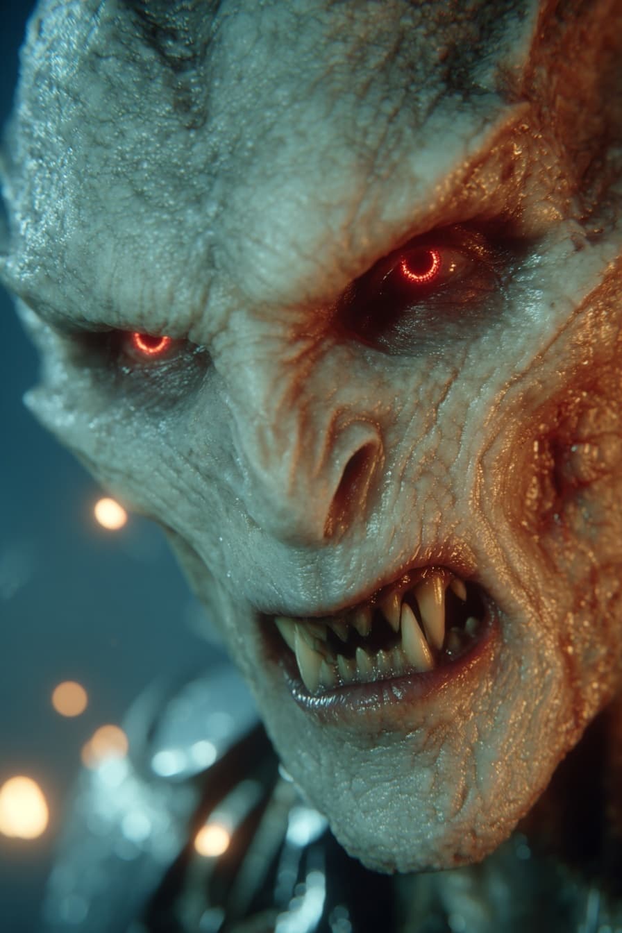 AI generated: Mid journey 
Extreme cinematic horror close-up of a possessed humanoid entity, face filling the fram...