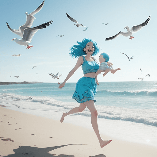 AI generated: happy mom with blue hair pixar-like holding 3 babies pixar-like running along a virtual beach with A...