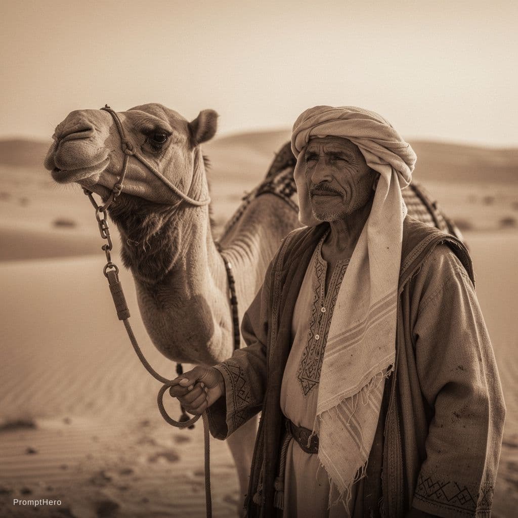 AI generated: ‎A Saudi man in traditional antique garments, standing beside his loyal camel in the vast desert. Hi...