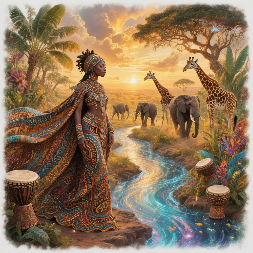 AI generated: Fantasy illustration inspired by “Africa”, majestic African savanna at golden sunset, mystical triba...