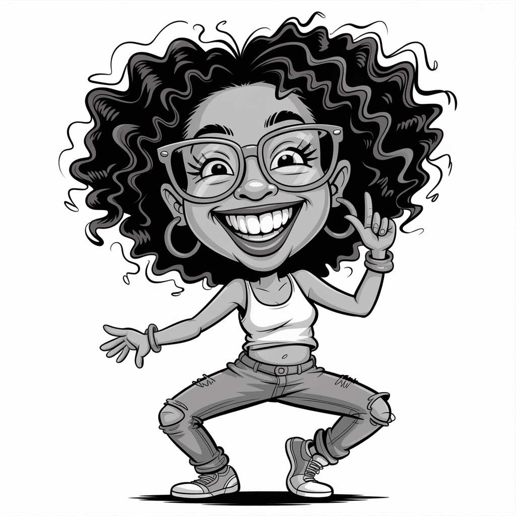 AI generated:  funny caricature, hip-hop dancer caricature, young african-american female, 20 years old, big curly...