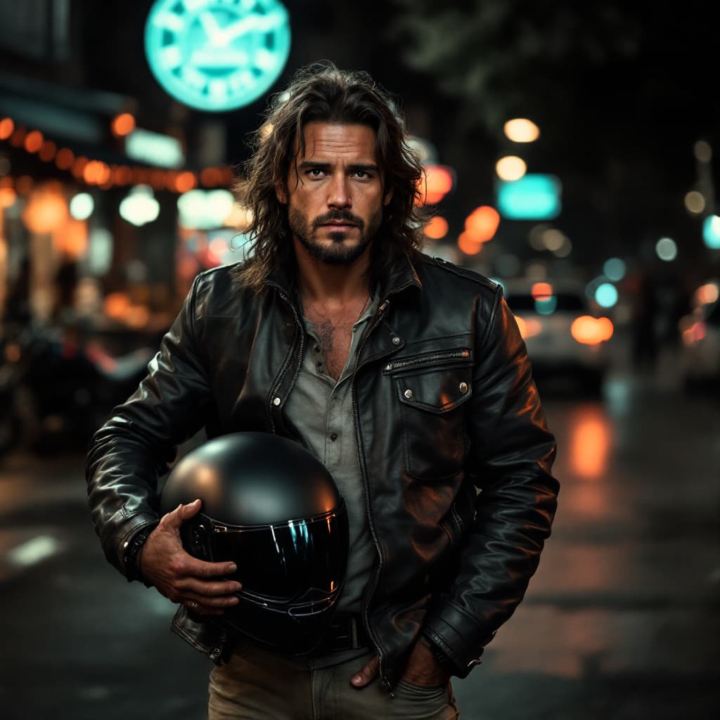 AI generated: photo of a middle-aged colombian long hair, 27 years old man, full body, wearing worn-out:1.2 leathe...