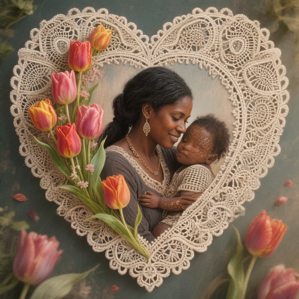 AI generated: Highly detailed lace heart-shaped frame with tulips down one side and a centered image of a dark-ski...