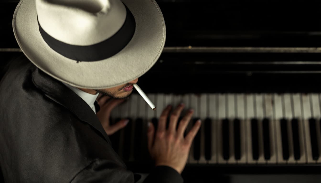 AI generated: portrait capturing the essence of a pianist with white hat from an overhead perspective smoking a ci...
