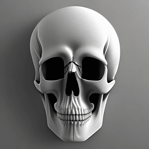 AI generated: white 3d relief of skull, hyper realism, smooth, totally jet black background, no boarder, 8k