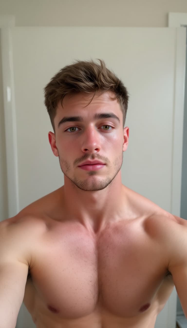 AI generated: 18 year old male, selfie, Caucasian, short brown hair, muscular, boxer shorts, large penis, full sho...