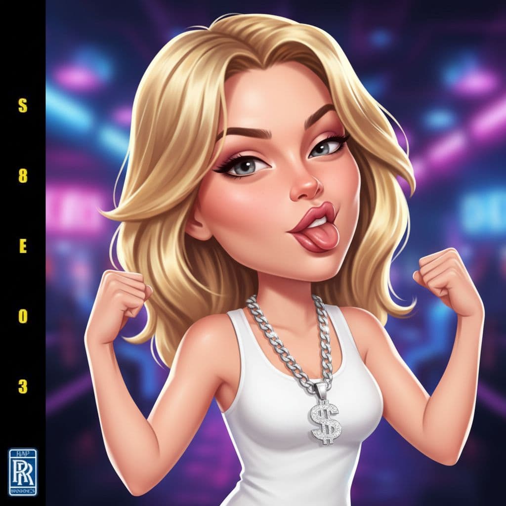 AI generated: funny caricature, cheeky blond girl caricature, young caucasian female, 21 years old, blonde hair, p...