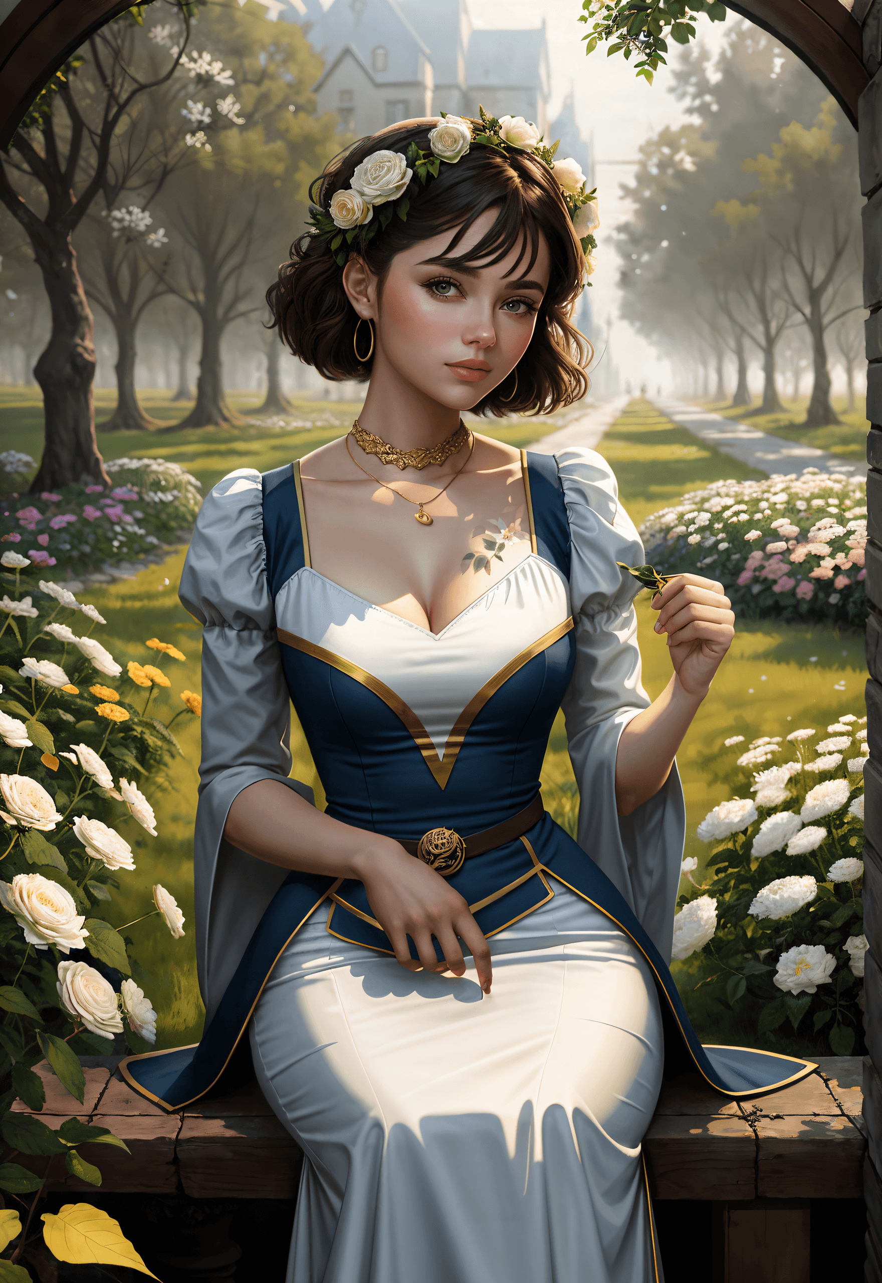 AI generated: (masterpiece, award winning, highest quality:1.3) , illustration of 1woman, gold dress, with flowers...