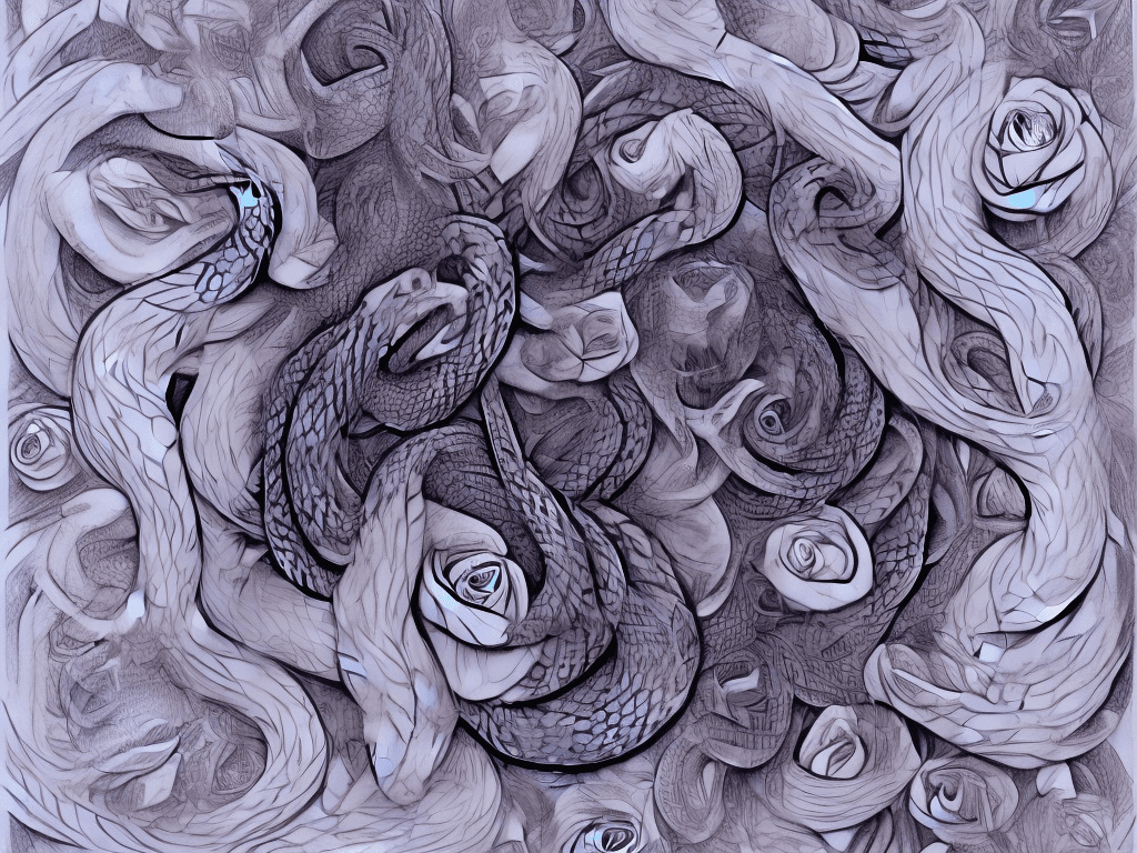 AI generated: snakes, tattoo sketch, smooth transitions, black patterns, more details, more flowers, pions, roses