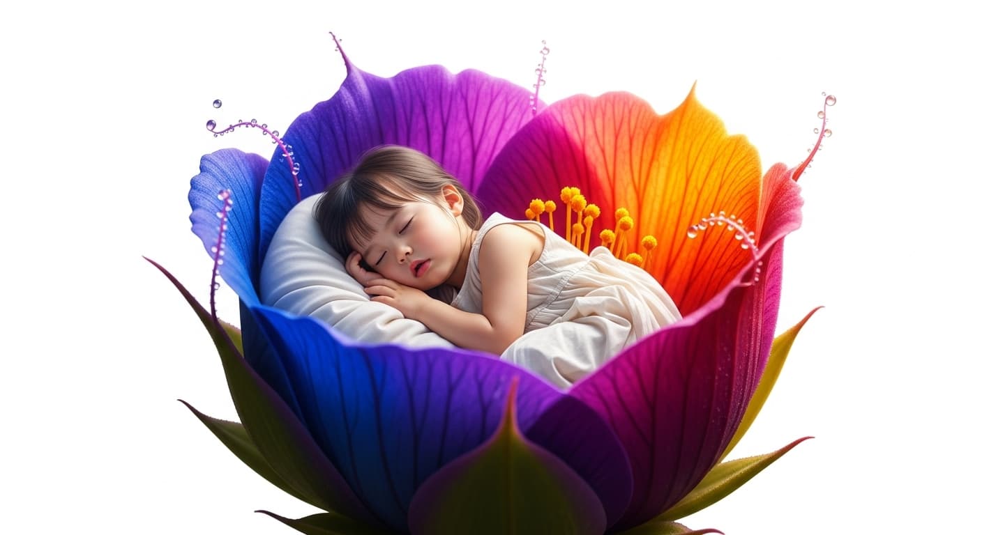 AI generated: In the calyx of an exotic flower, an adorable Asian girl lies down and sleeps, white background.
