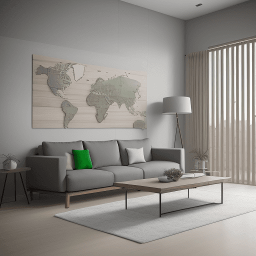 AI generated: minimalist view living room space, modern sofa style, simple wooden wall decor, grey wall elevation ...