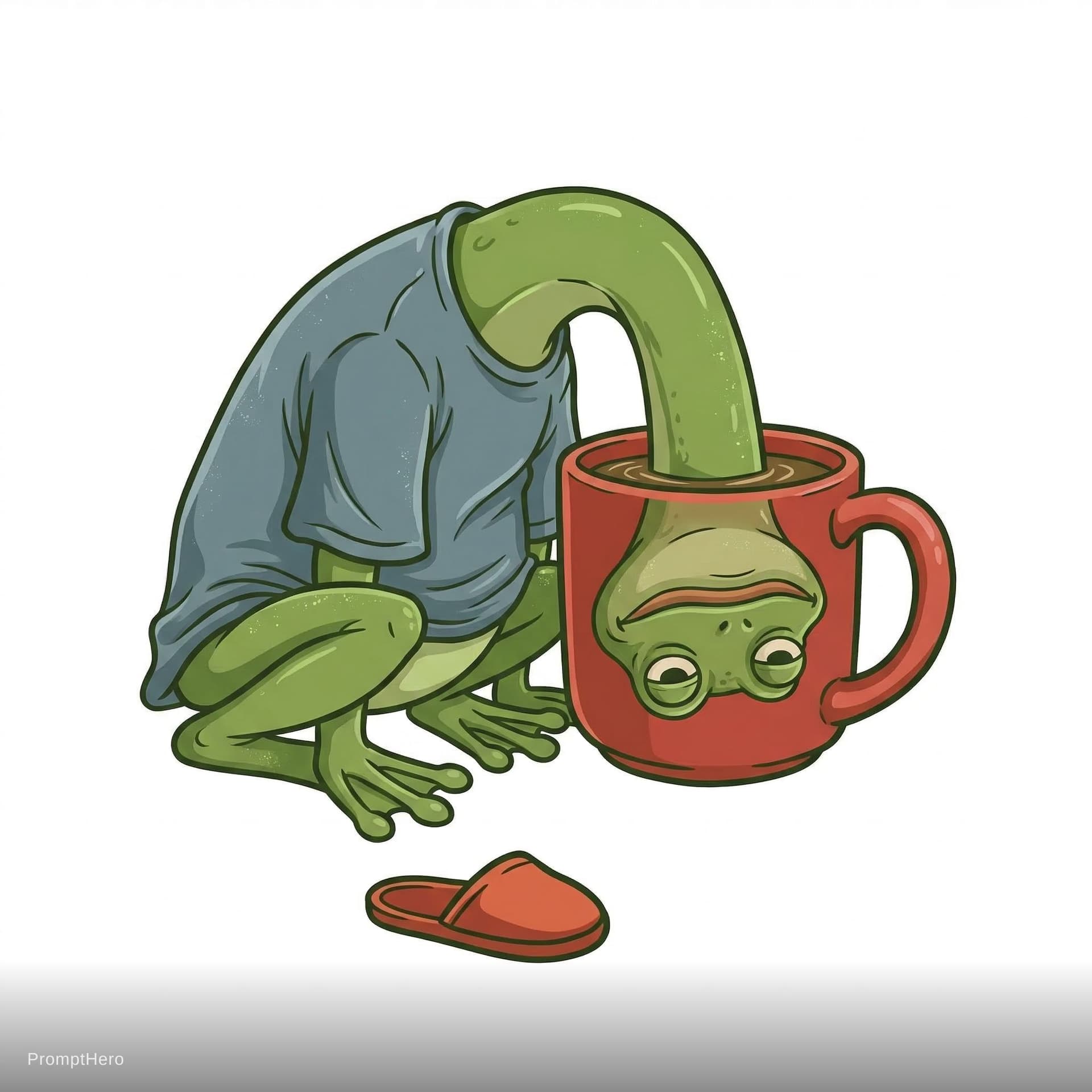 AI generated: funny exhausted frog character with head inside coffee mug, anatomically correct frog proportions, r...