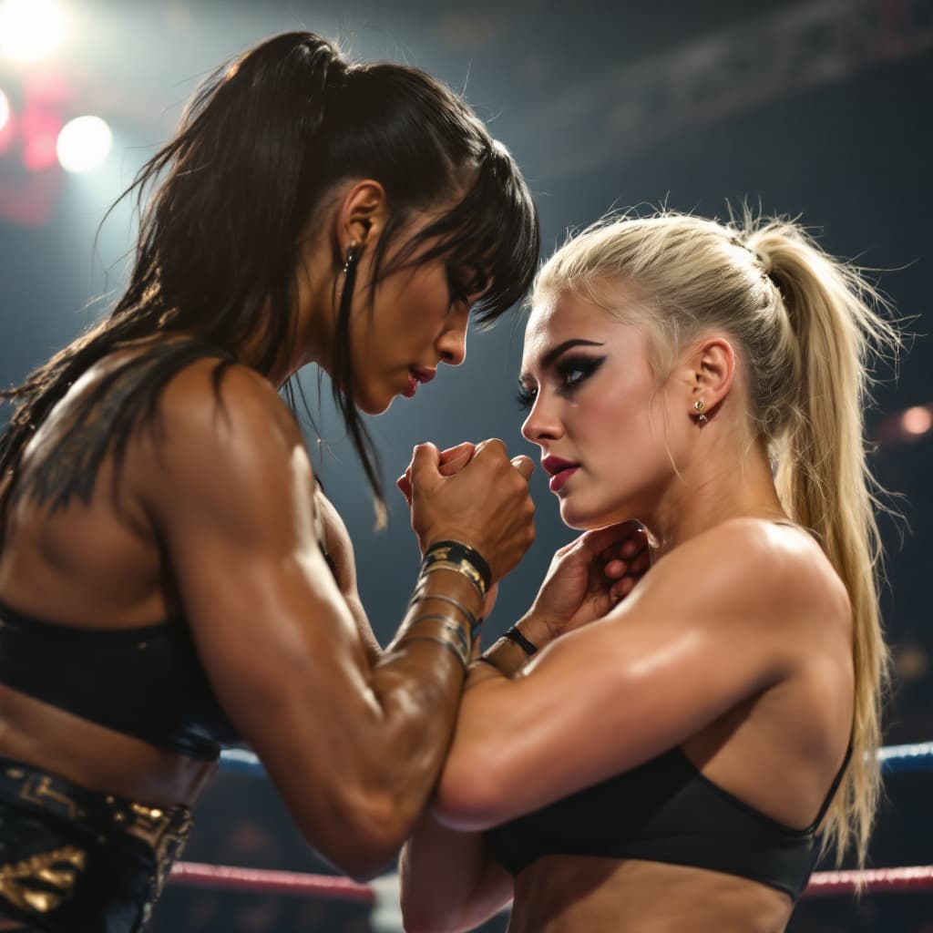 AI generated: a wide-angle photo showing a female pro-wrestling match between two female wrestlers: Jenny versus T...