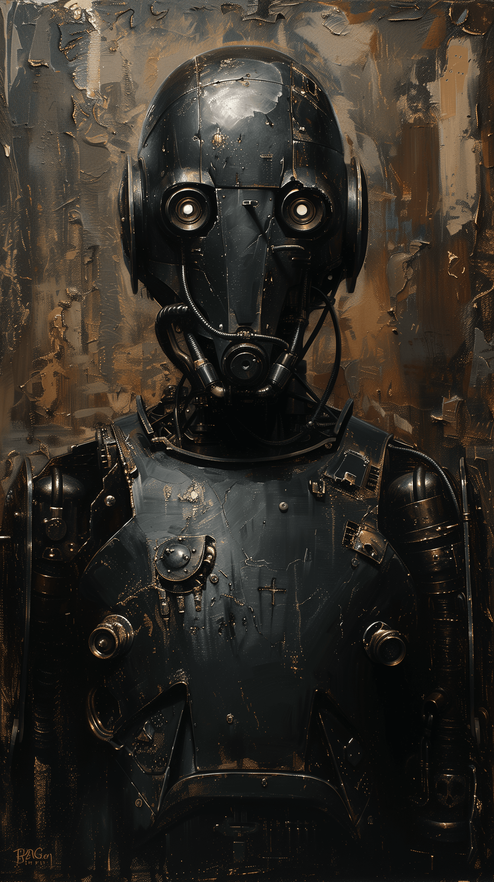 AI generated: artistic, oil painting, front view, heavy brushed, sci-fi, bizarre human robot, gaze, H.R Giger ::1 ...