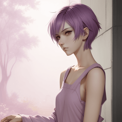 AI generated: A rpg anime protagonist, purple short hair and pink eyes, in the style of Felice Casorati, a muted p...