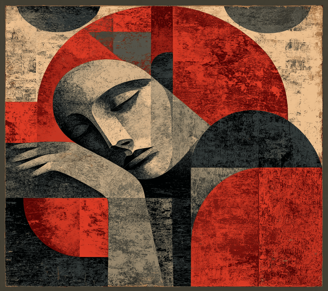 AI generated: Elongated figure lying down sleeping curled position floor, Modernist folk print portrait illustrati...