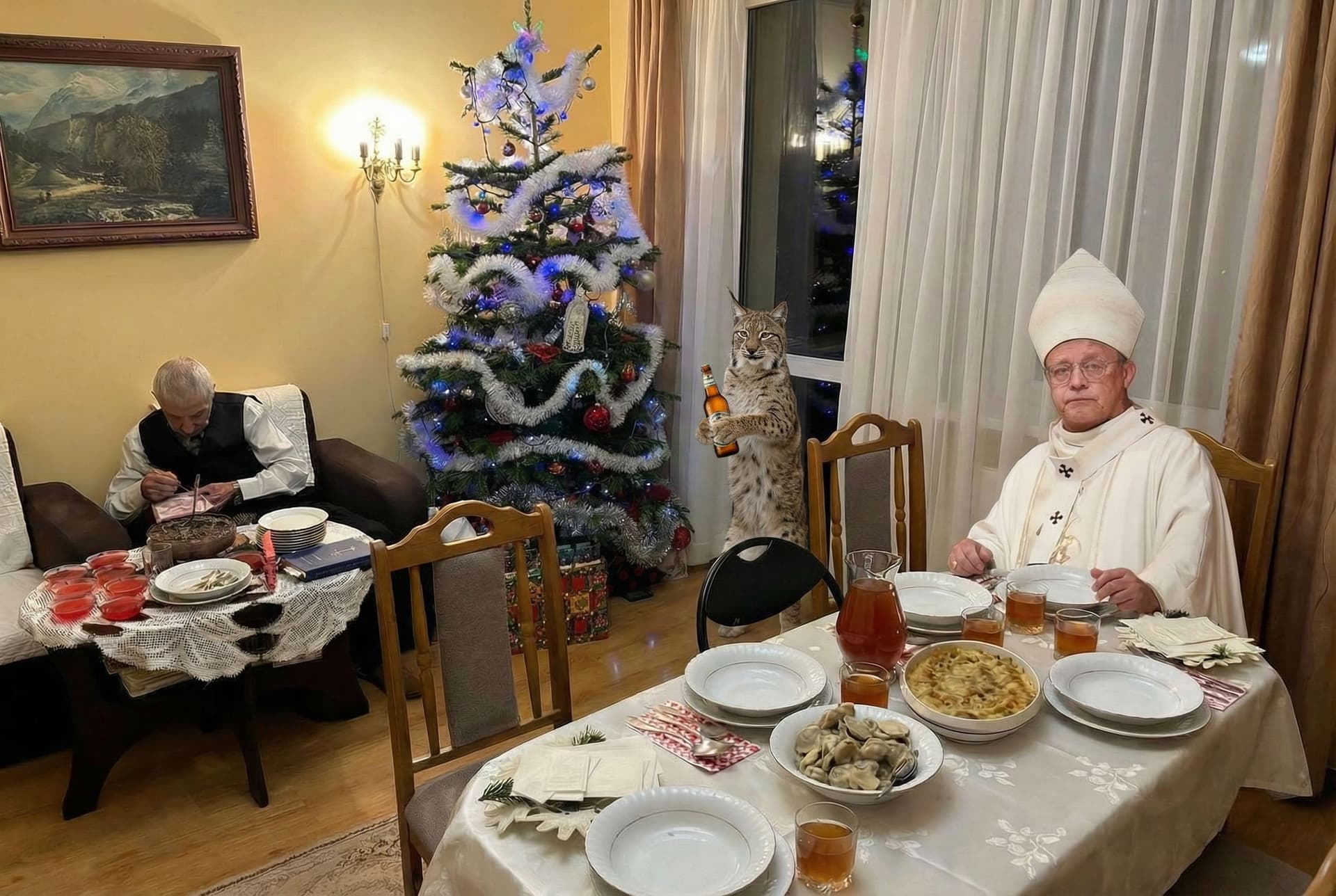 AI generated: add to the photo a lynx standing on two feet holding a bottle of beer
