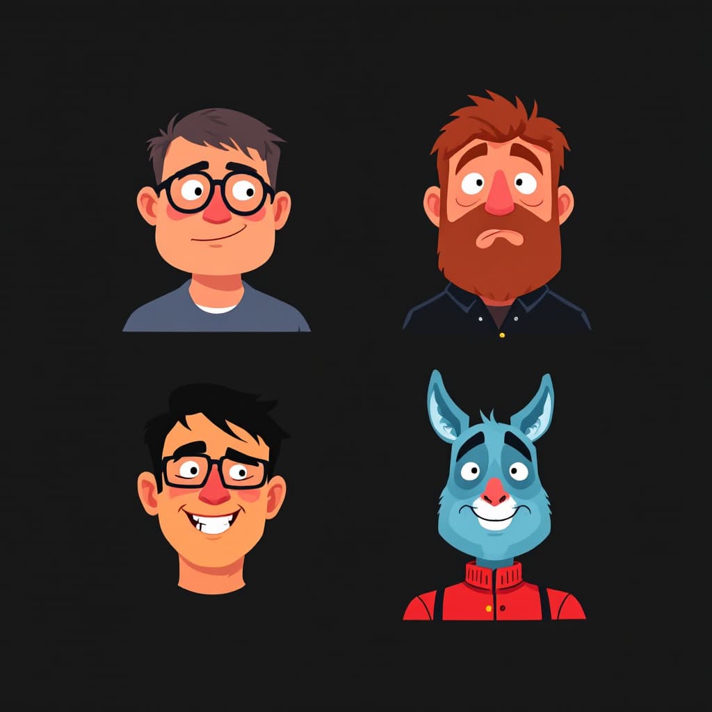 AI generated: illustration, various four man, square, exaggerated, various each iconic, solid black background, ea...