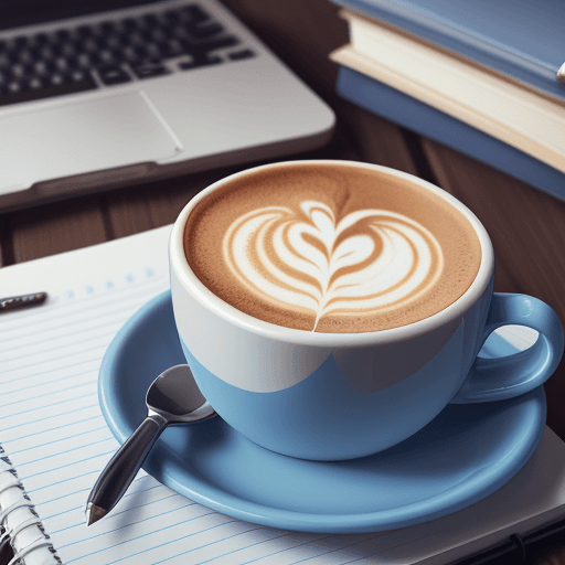 AI generated: coffee cup on a desk in the office with coffee and milk foam next to a notebook and a diary in blue ...