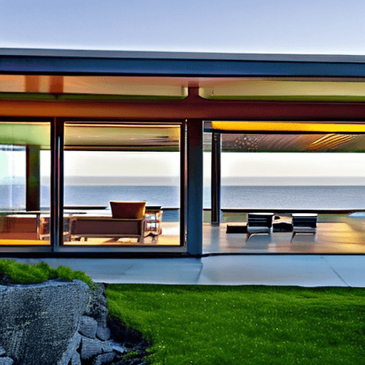 AI generated: Hyper realistic eye level exterior photo of a mid century modern style house overlooking the ocean, ...