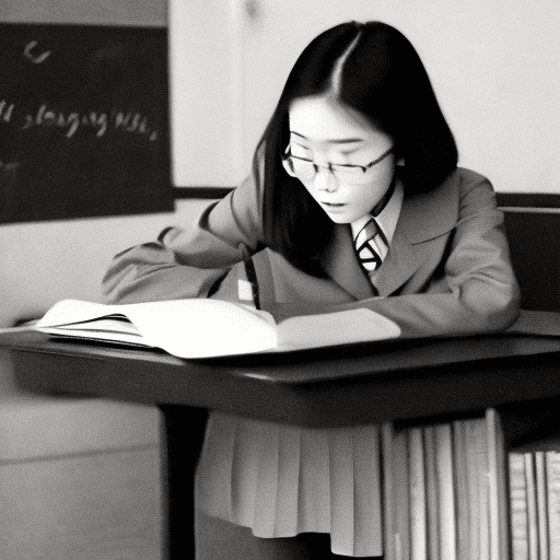 AI generated: classic university school girl, uniform, studying, asian, petite, 