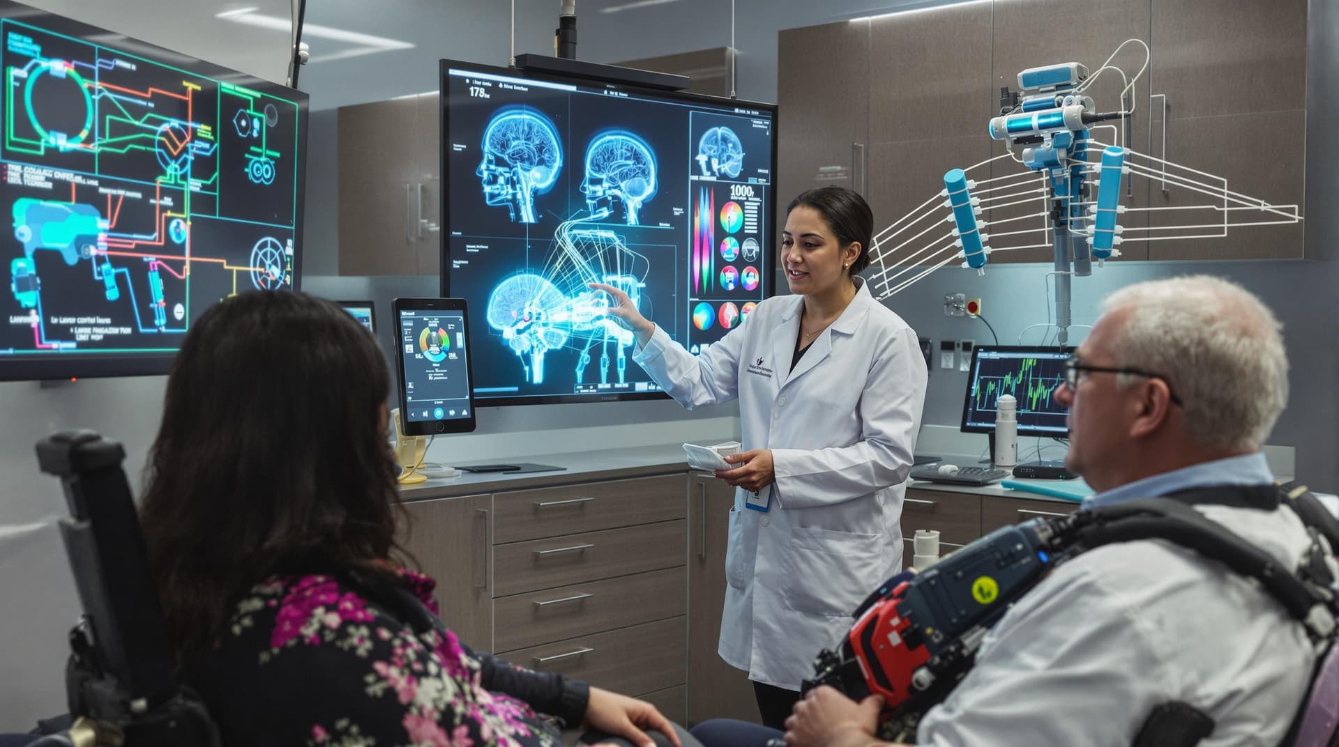 AI generated: /imagine prompt: Neurological clinic with holographic brain maps, Latina doctor adjusting neural imp...