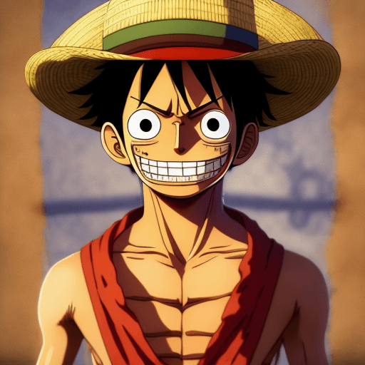 AI generated: Monkey D. Luffy, one piece anime, X-shaped scar on his chest, Straw Hat, symmetrical body, portrait,...