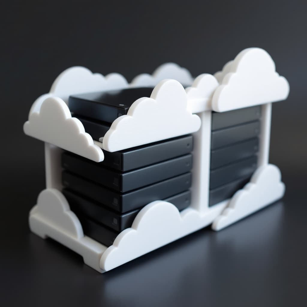 AI generated: A 3d printed Hard drive rack for external HDDs, white with cloud shapes flowing into each other on t...